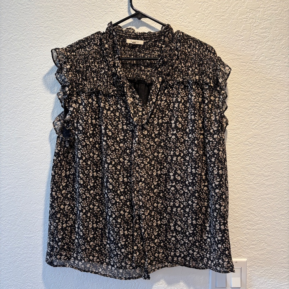 Pleione Black and Cream Floral Blouse V Neck Ruffle Sleeve
